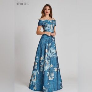 Teri Jon Floral Pattern Jacquard Off The Shoulder Gown- Peacock Gold- Size 18